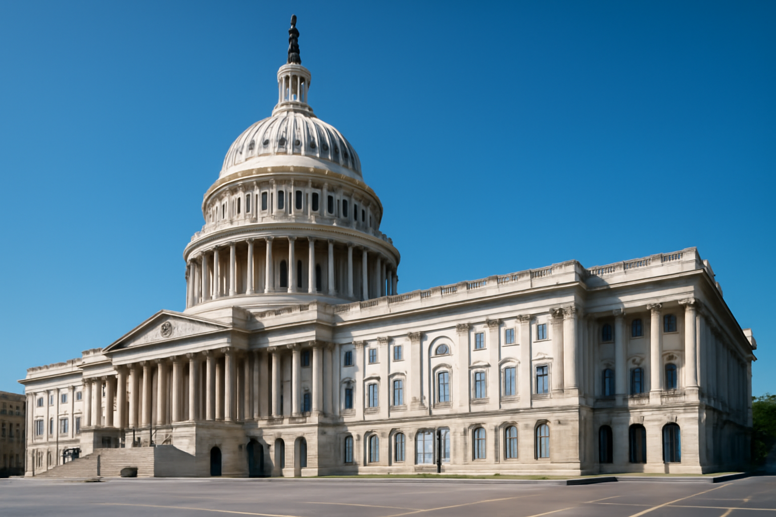 Exterior of the United States Capitol building under a clear sky