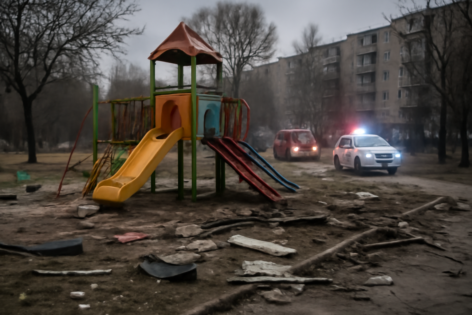 Emergency vehicles parked near a damaged playground structure in a park under overcast skies