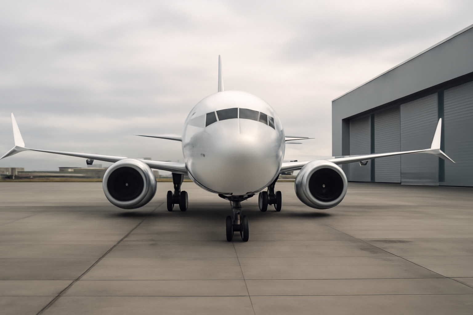 Boeing 737 Max 10 aircraft parked on a tarmac near a hangar