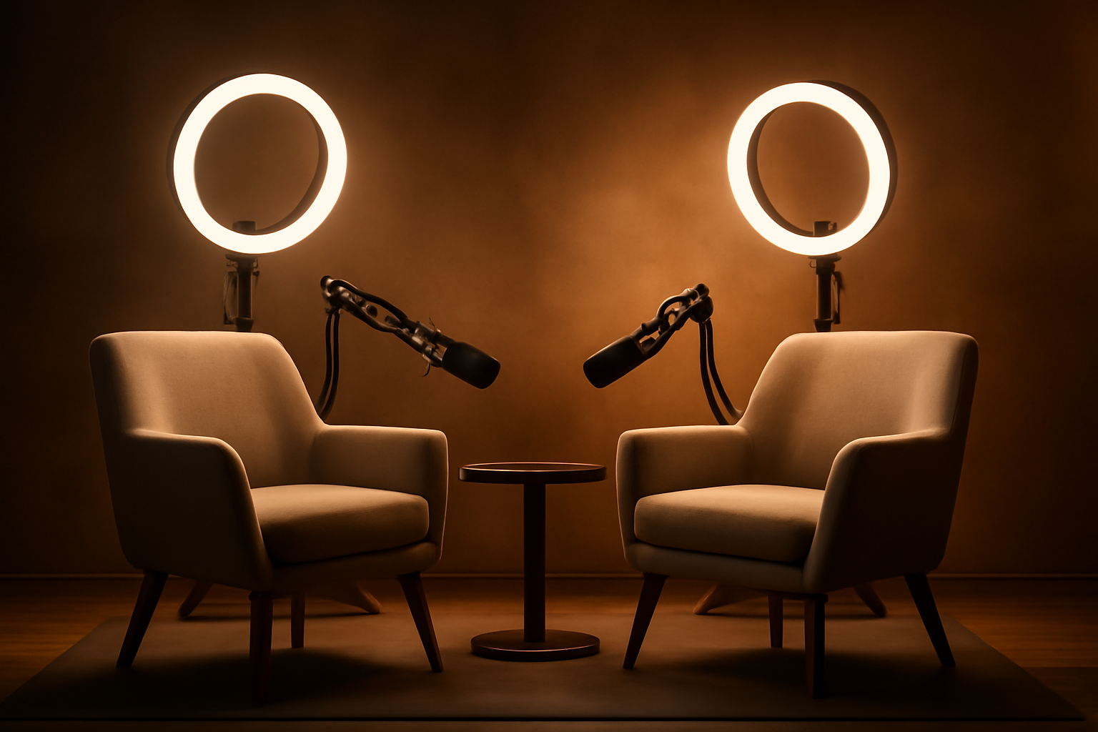 Television studio set with microphones for a reality TV talk show interview