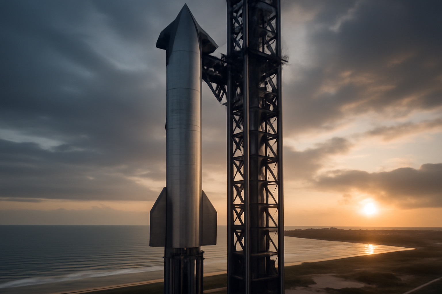 Starship rocket stack on the launch pad at Starbase, Texas, with South Padre Island visible in the background