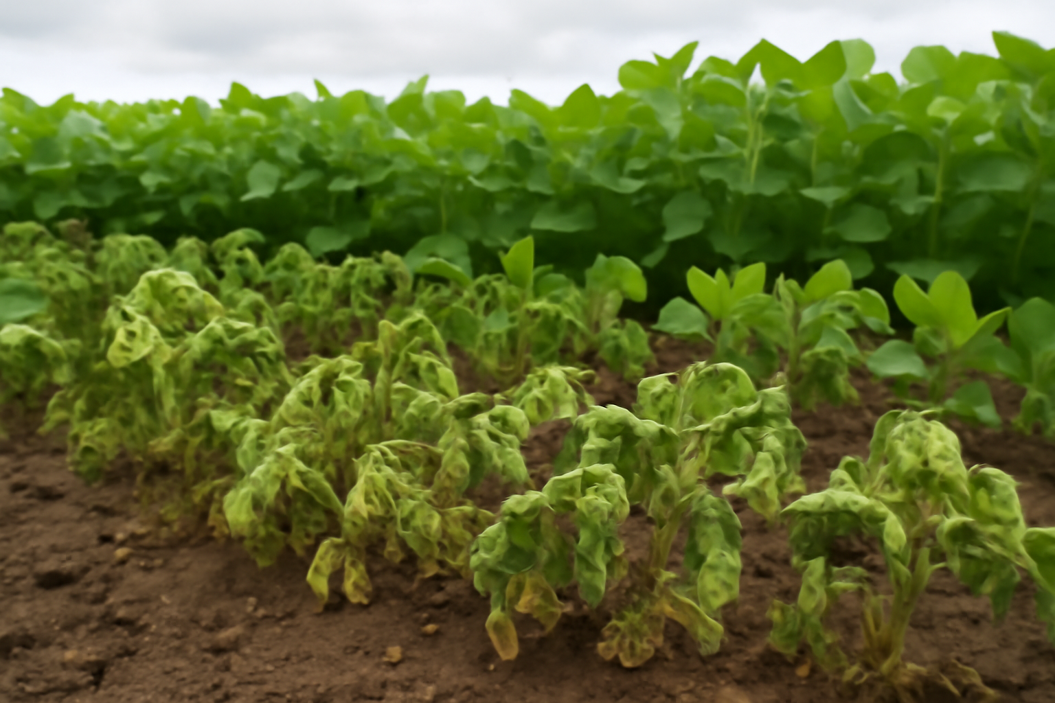 Wilted, curled soybean leaves in a field damaged by herbicide drift, with healthier plants visible behind