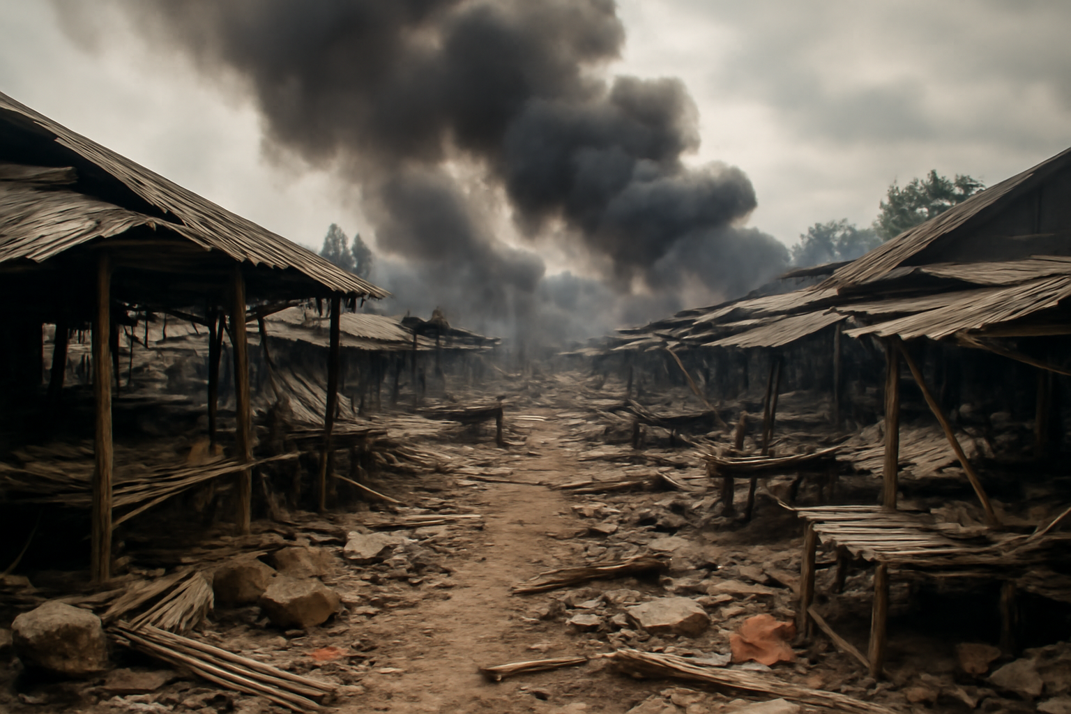 Smoke rising over a damaged open-air market in rural Myanmar after an airstrike