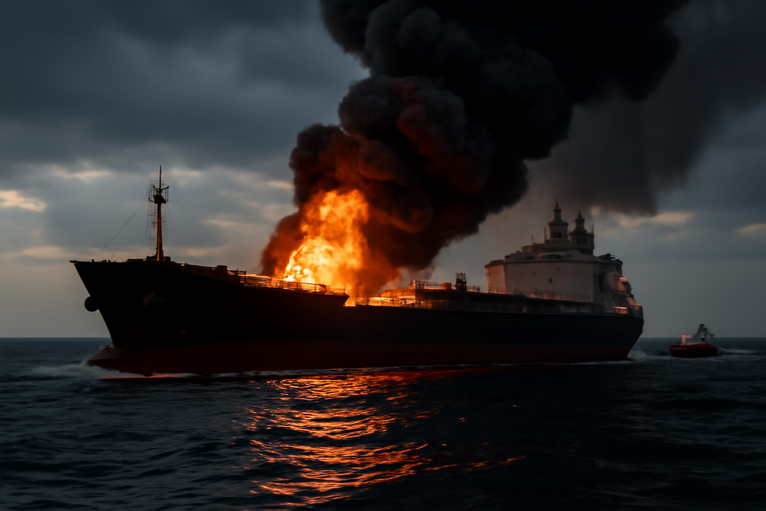 Cargo tanker with flames and smoke rising from its deck on dark Black Sea waters