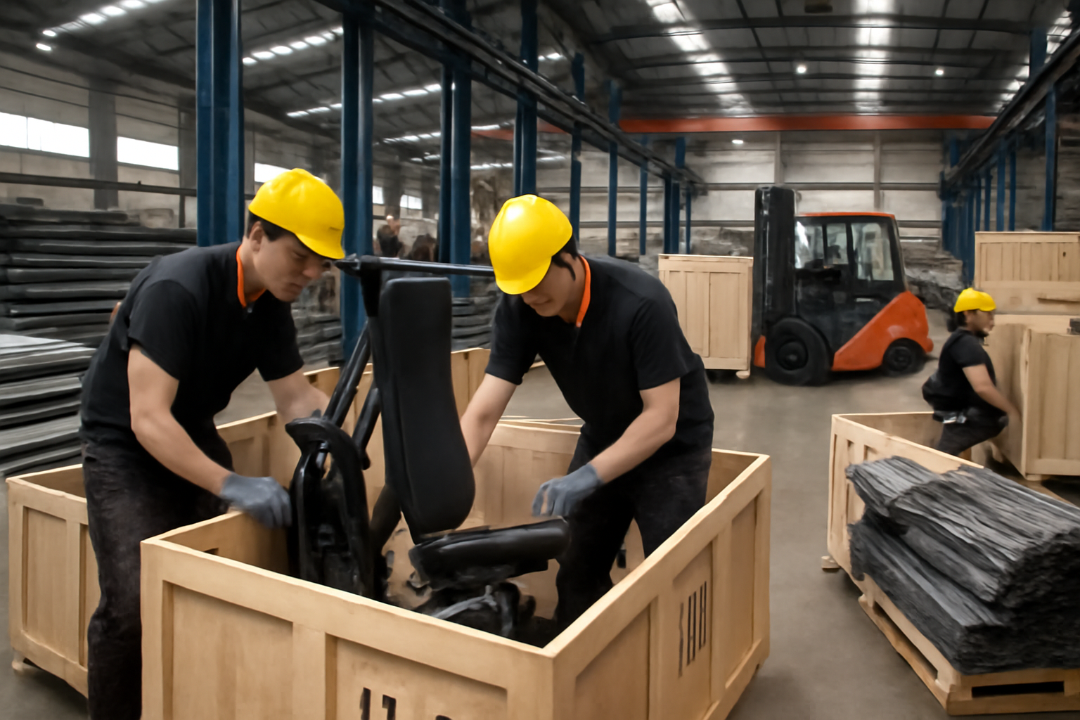 Warehouse worker preparing branded gym equipment crates for international shipment