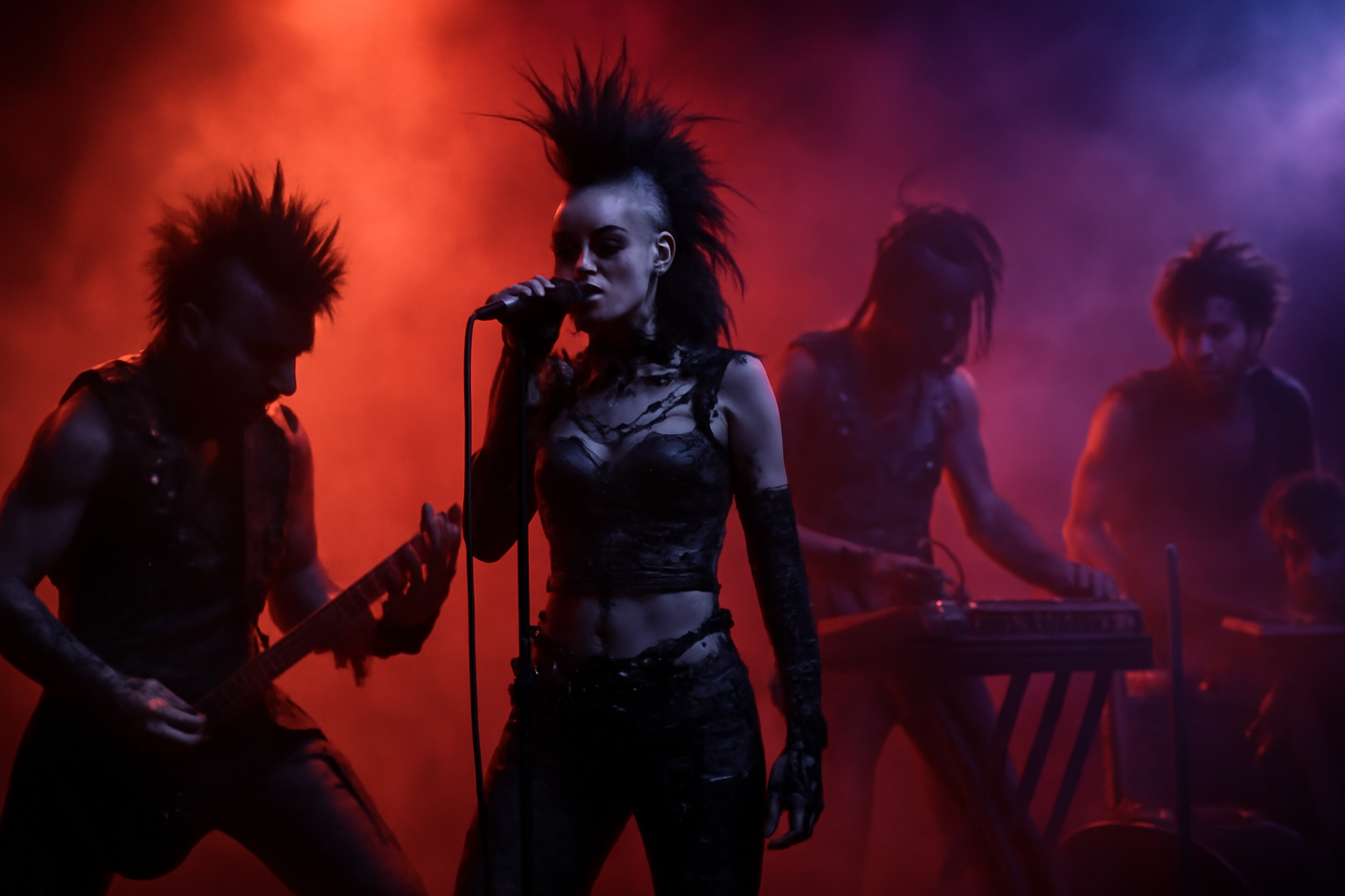 Industrial punk band performing under red stage lighting with fog haze