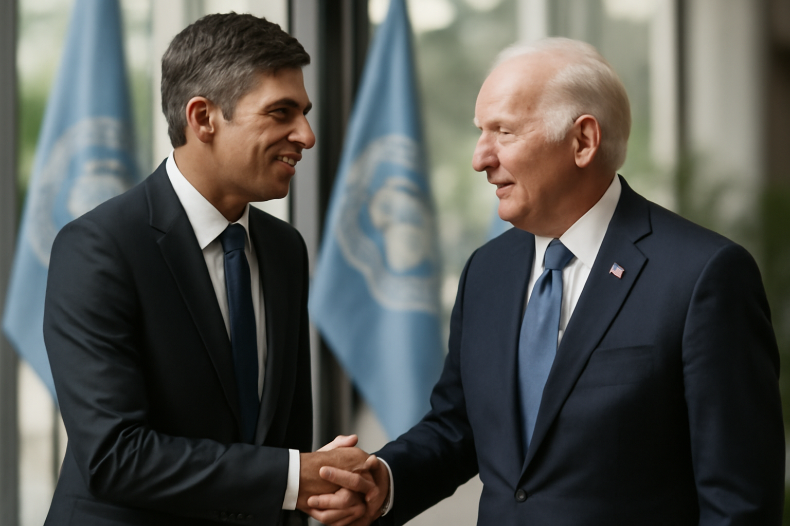 Two national leaders shaking hands in front of flags at a United Nations gathering