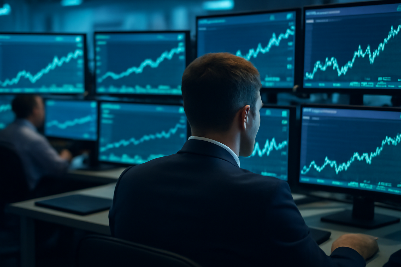 Stock market trading floor with digital displays showing rising technology stock charts