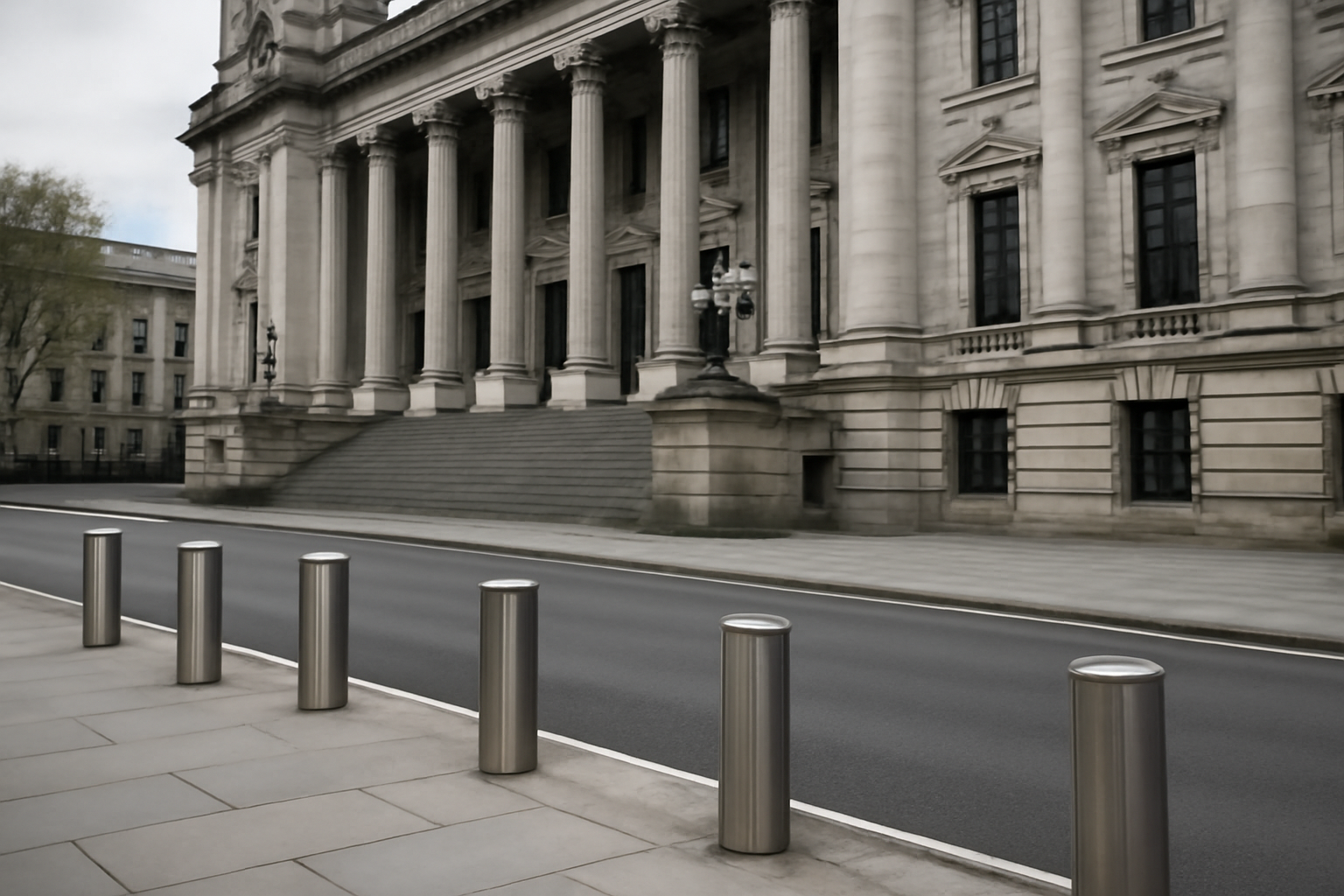 Exterior of a parliamentary building with security barriers visible along the entrance drive