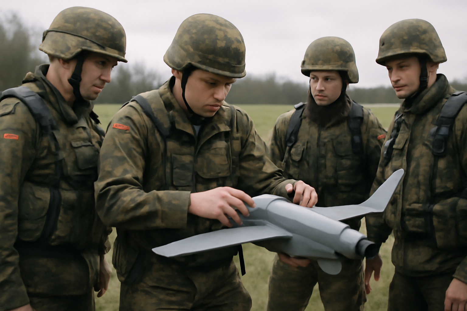 German soldiers examining a small tactical attack drone on a training field