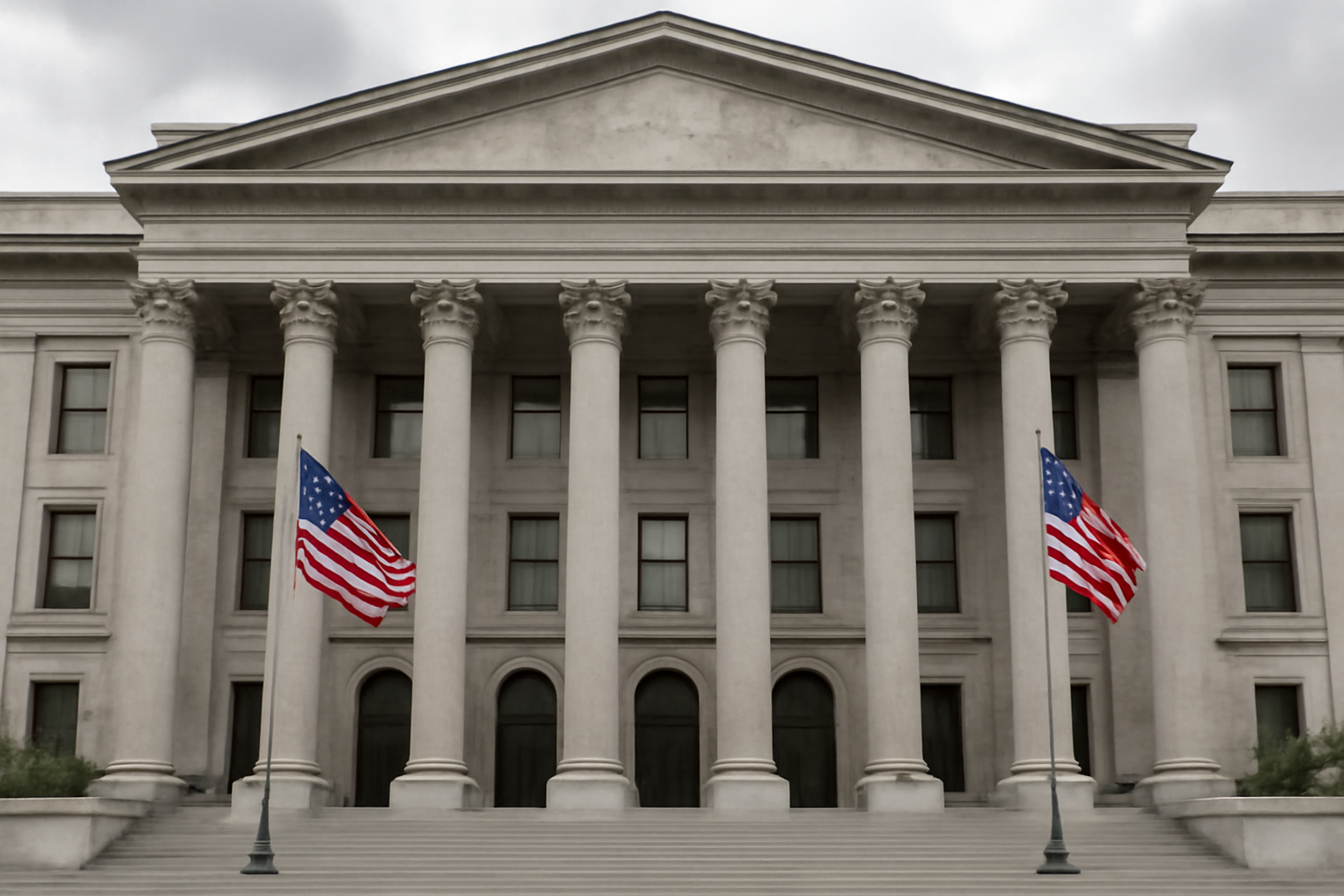 Exterior of a U.S. federal courthouse building with columns under an overcast sky