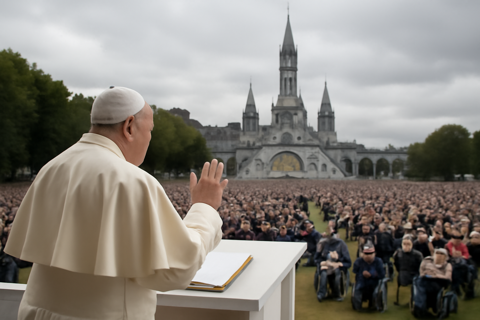 Pope Leo XIV addressing a large outdoor crowd near the Lourdes basilica in France