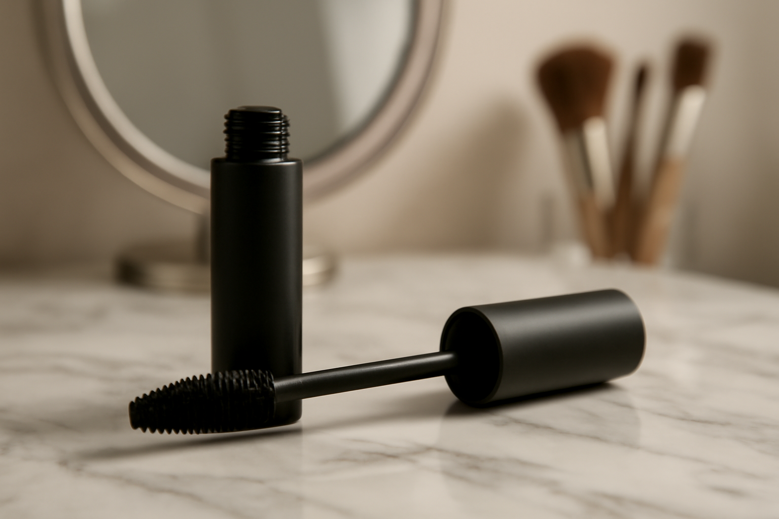Open tube of waterproof mascara with wand resting beside a makeup mirror