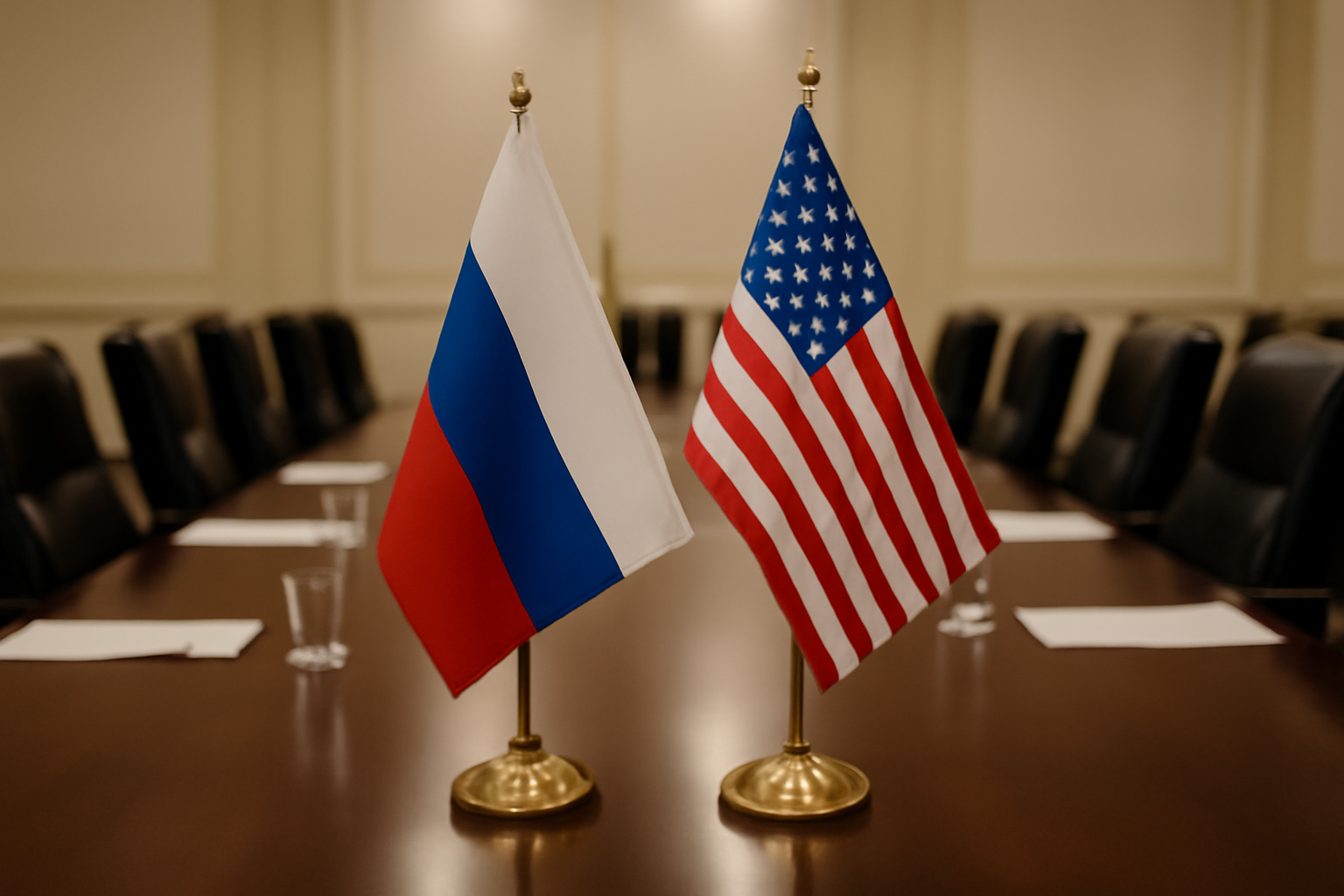 Russian and U.S. flags displayed side by side on a diplomatic conference table