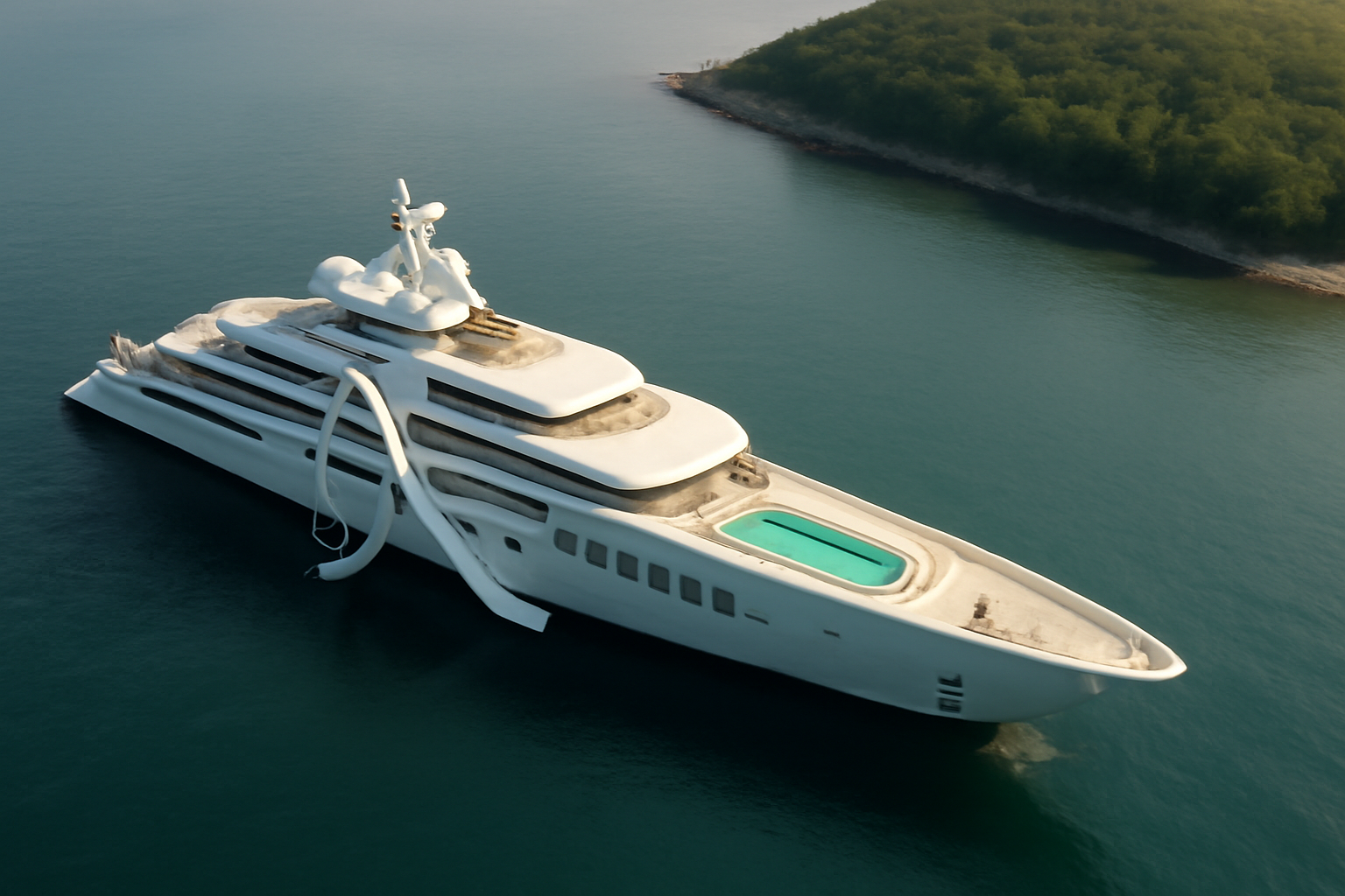 Aerial satellite view of a large white vessel with a long pool and waterslides anchored off a coastal peninsula