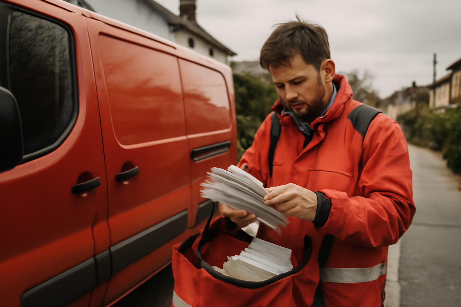 A Royal Mail postal worker sorting letters and parcels beside a red delivery van on a UK street