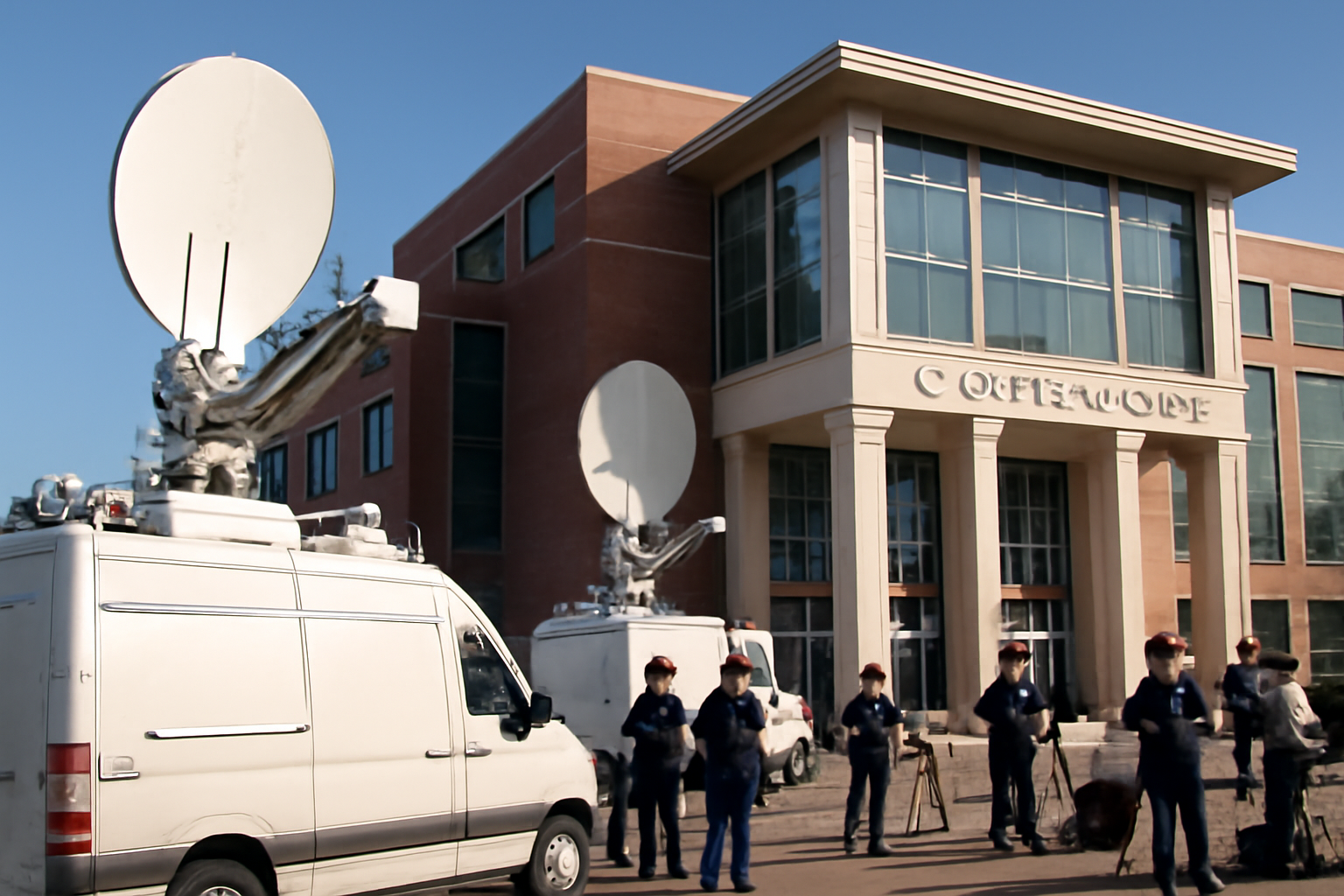 Exterior of a Delaware courthouse with a Fox News camera crew setting up outside