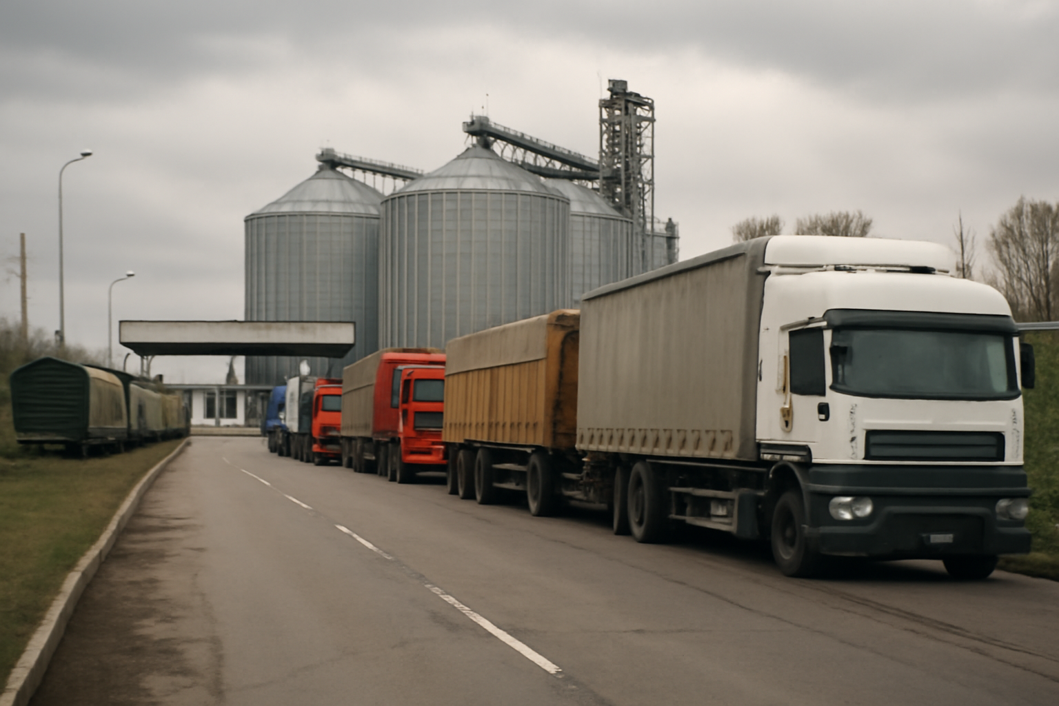 Grain trucks lined up at a Ukraine-Hungary border crossing checkpoint