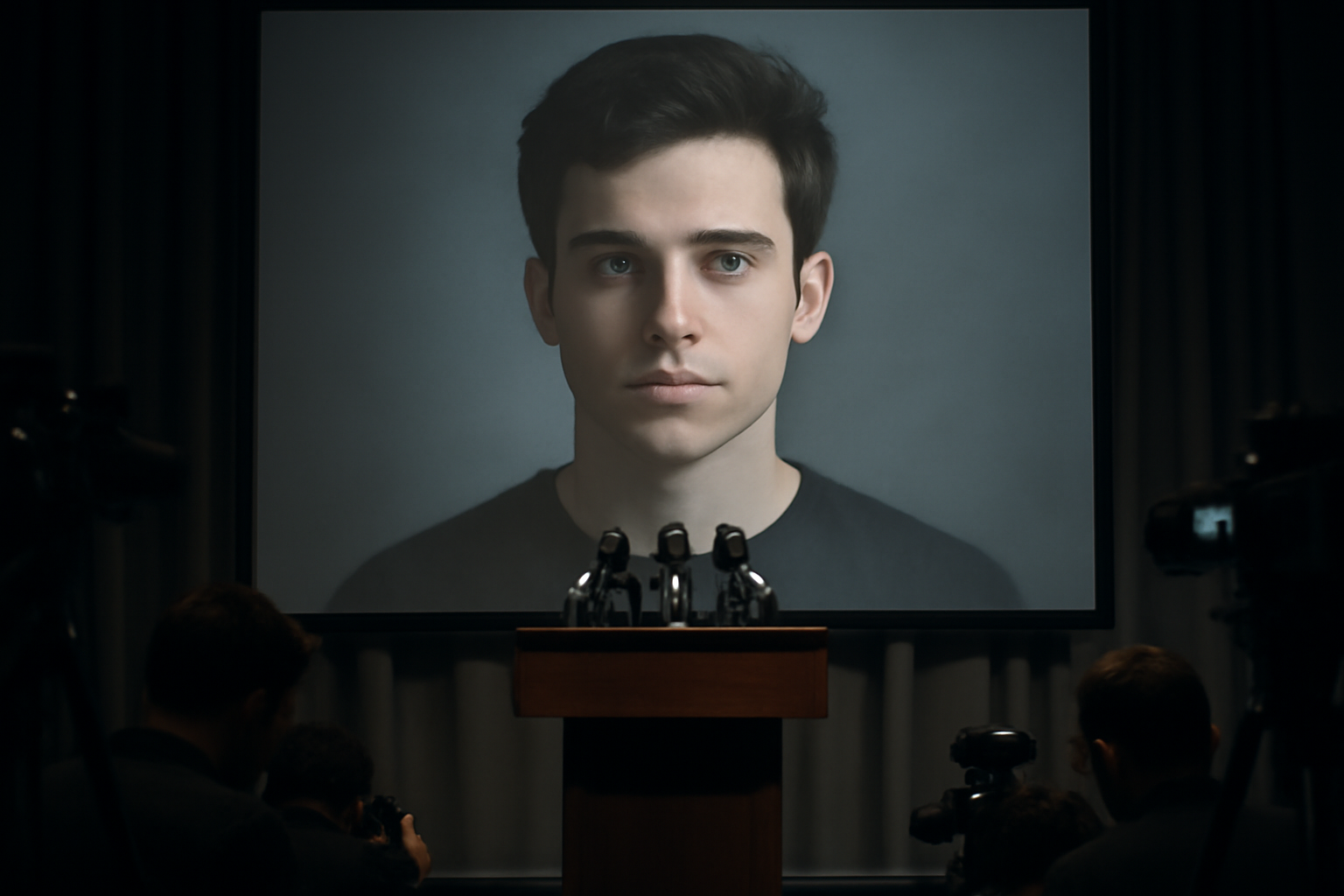 A photo of Nolan Wells displayed on a screen during a press conference podium