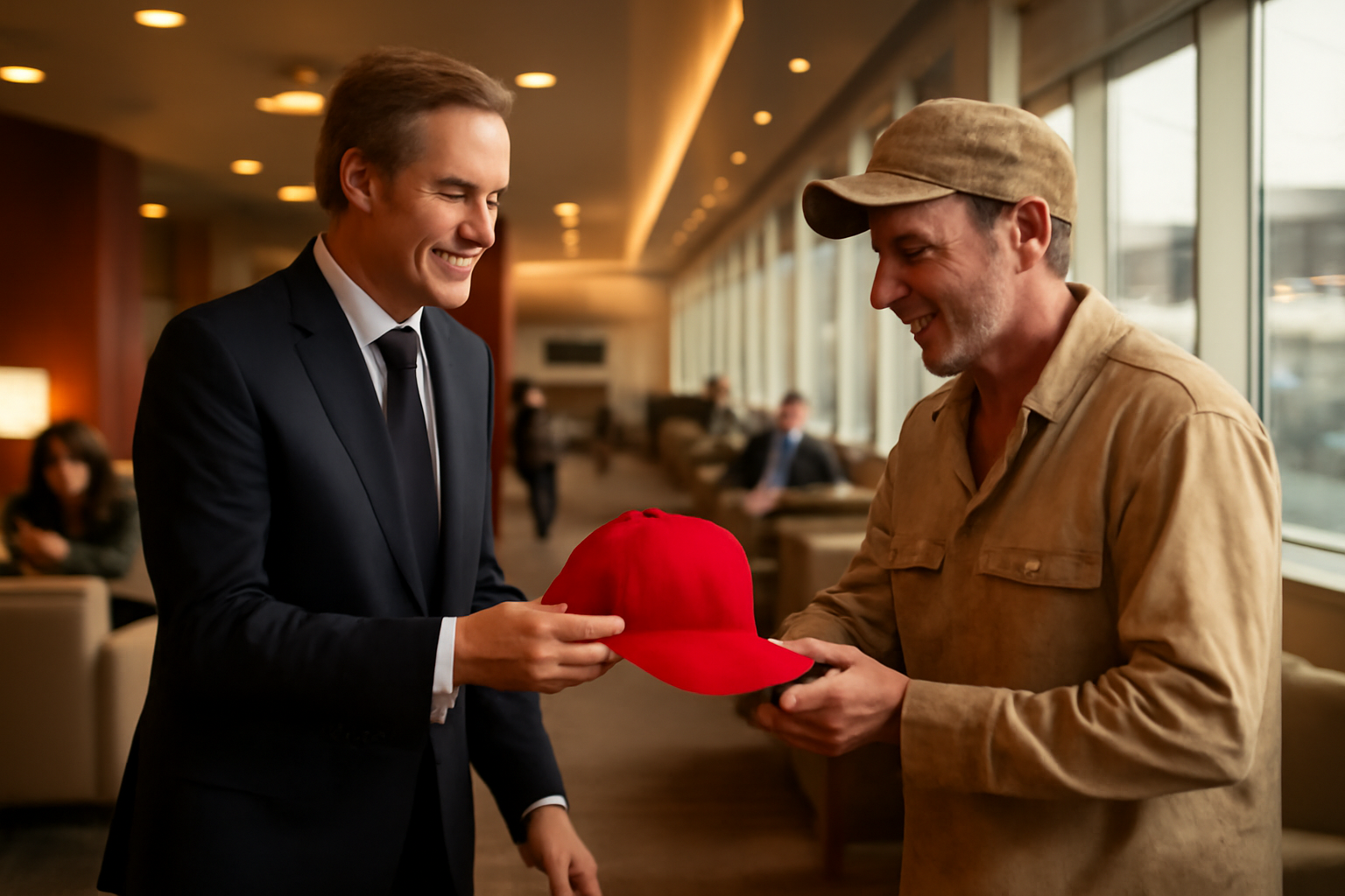 US ambassador presenting a red cap to a plumber credited with stopping an airline cockpit attack