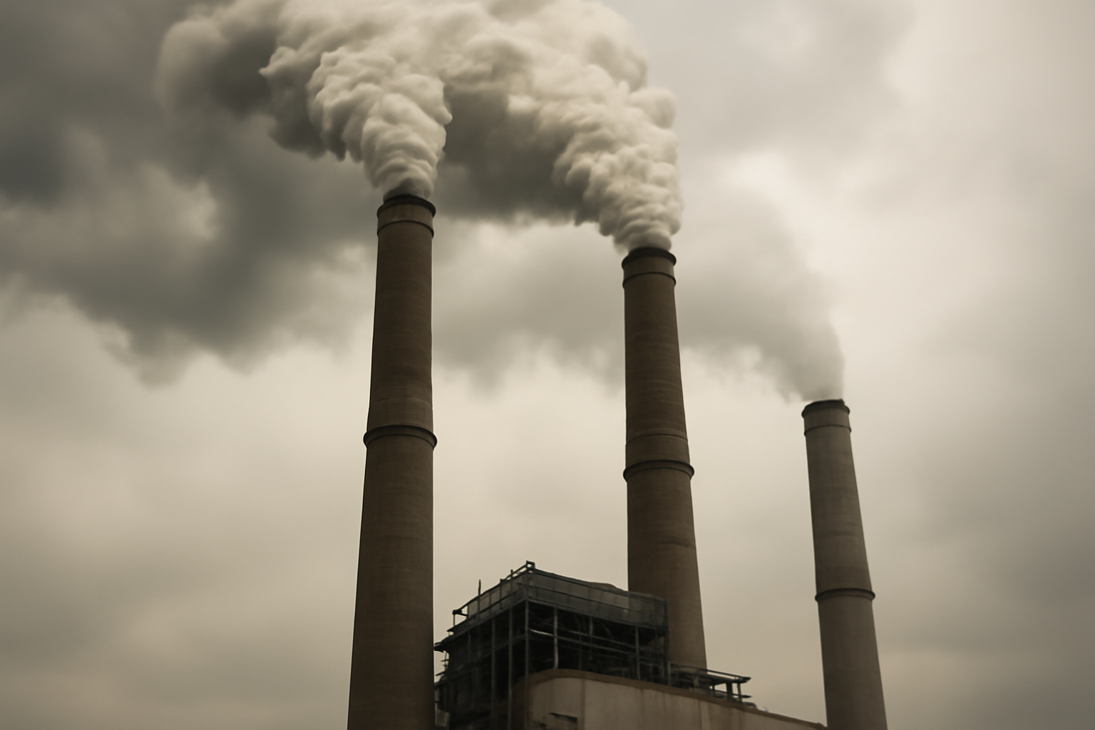 Industrial smokestacks releasing emissions from a coal-fired power plant