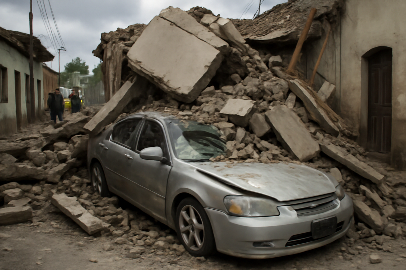 Collapsed building debris crushing a car on a street in Penonome, Panama after an earthquake