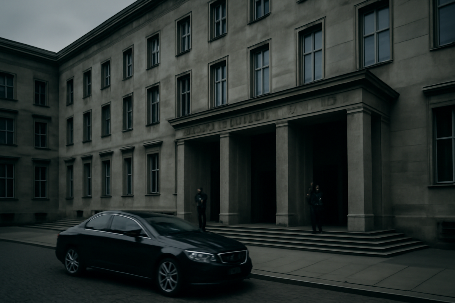 Exterior of a German government security building with a police vehicle parked outside