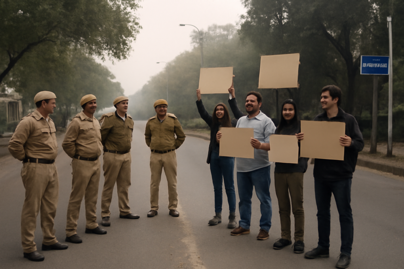 Police officers standing near a small group of protesters holding signs on a New Delhi street