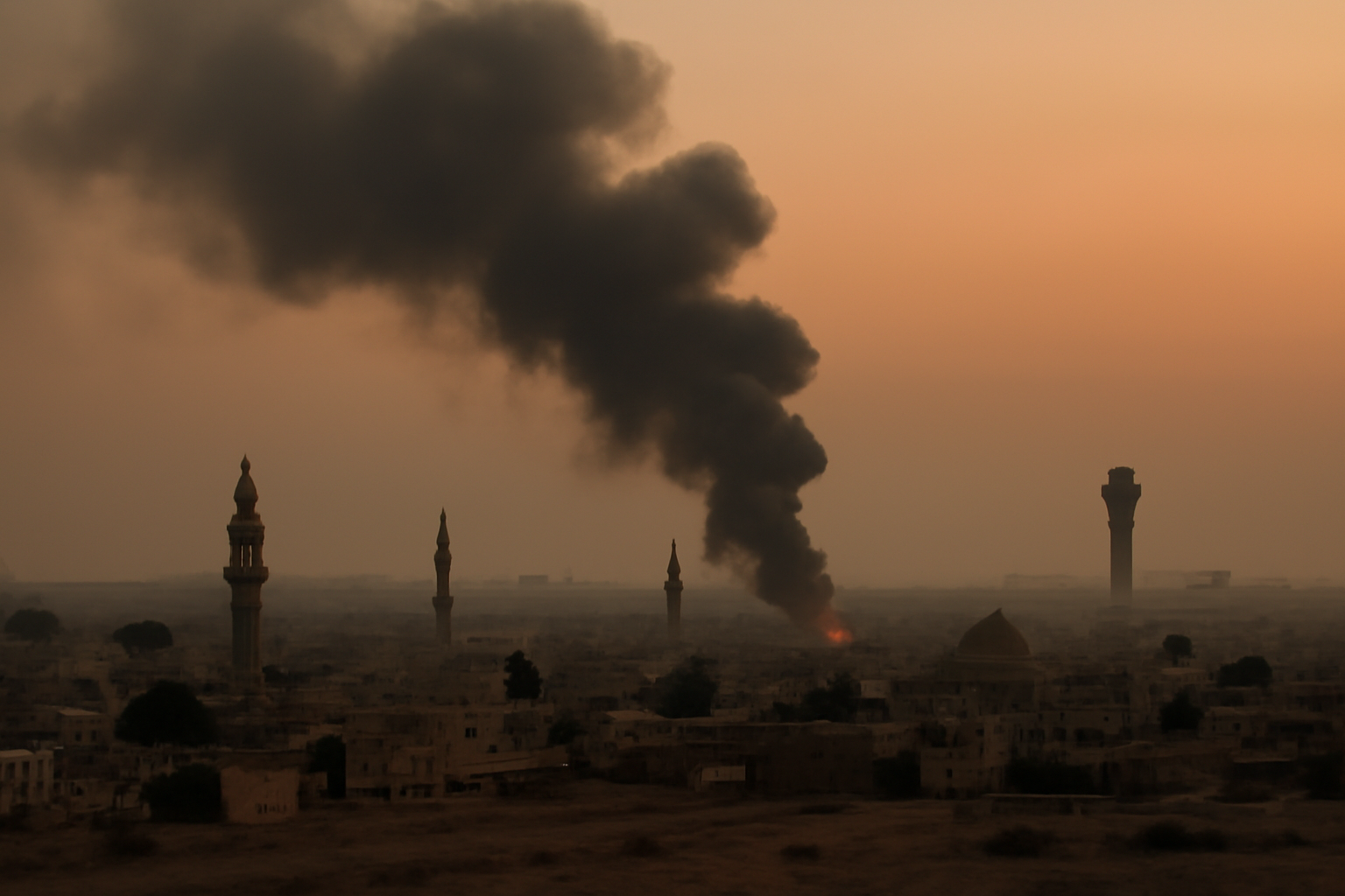 Smoke rising over a Middle Eastern city skyline during ongoing conflict