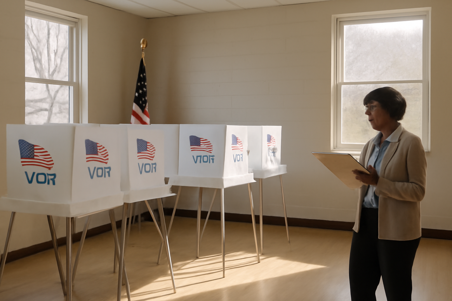 An election worker stands beside a row of voting booths inside a polling location in Pennsylvania.
