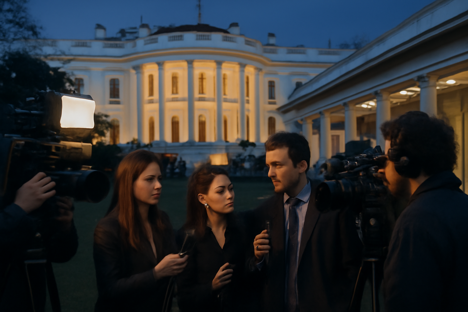 Reporters and camera crews gathered outside the White House press area at dusk