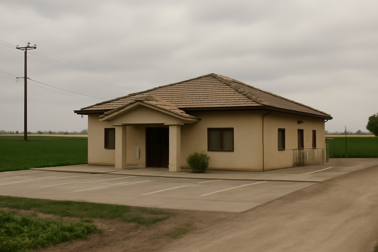 A rural central California clinic sign near farmland under an overcast sky